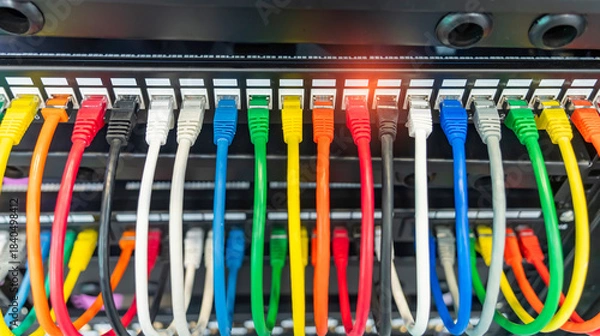 Obraz colorful network cable connecting on network core switch close up