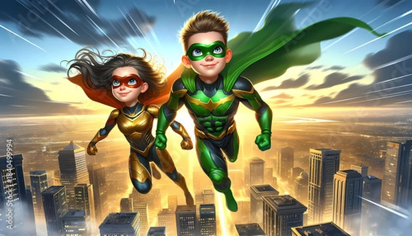 Obraz young superheroes flying high
