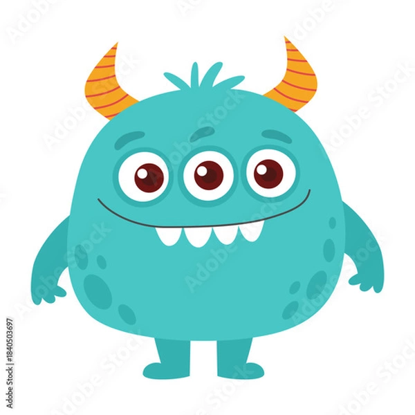 Fototapeta Cute Three-Eyed Blue Cartoon Monster. Funny Friendly Character with Horns for Kids Illustrations