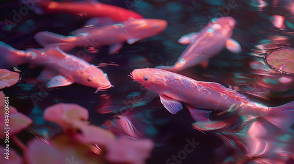 Obraz Holographic koi fish pond, glowing koi flickering like projections, soft light and reflections, futuristic vibe