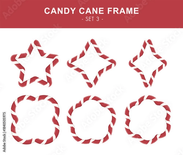 Fototapeta Christmas candy cane frame set. Red and white striped borders. Star, shuriken, sparkle, clover, flower and six-petal flower borders in red and white lollipop style.