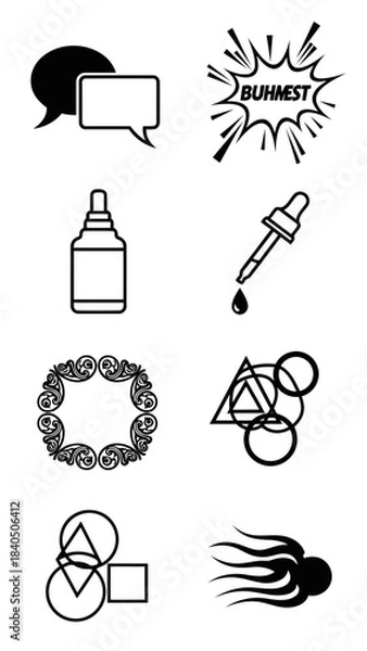 Fototapeta Set of communication icons including filled and outlined speech bubbles explosive action burst graphics medical symbols such as dropper bottles and abstract geometric shapes for interface design