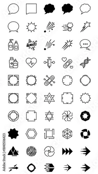Fototapeta Set of various icons depicting communication speech bubbles explosive bursts geometric frames medical symbols arrows and abstract shapes collection of design elements for interface or graphic projects