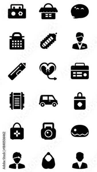 Fototapeta Diverse collection of filled silhouette vector icons including travel luggage, shopping baskets, commerce items, professional figures, medical symbols, and utility tools for design projects