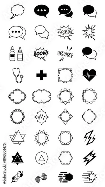 Fototapeta Extensive collection of thin line outline vector icons featuring chat bubbles, communication dialogues, medical symbols, complex geometric frames, abstract shapes, and dynamic speed bursts