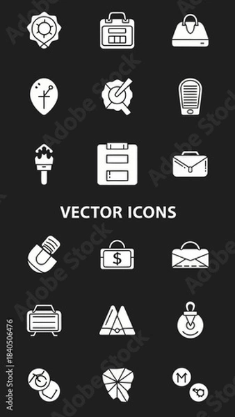 Fototapeta White silhouette vector icons on a dark background depicting various items including travel accessories, business finance symbols, abstract geometric shapes, tokens, and storage devices