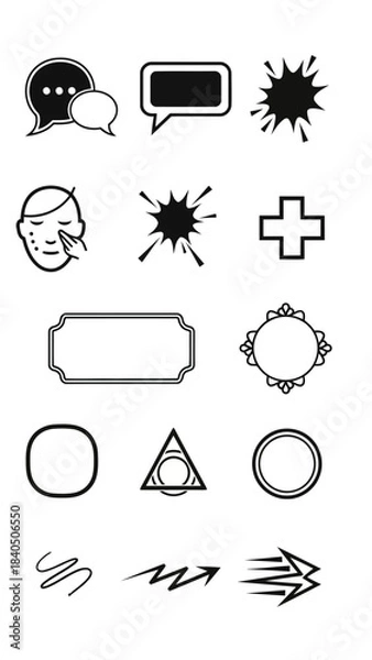 Fototapeta Set of black communication icons explosion health frames shapes and speed arrows graphic elements for visual design identity on white background