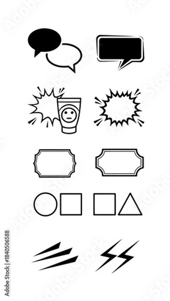 Fototapeta Monochrome set of communication symbols explosion effects frames geometric shapes and lightning speed elements for design vector illustration