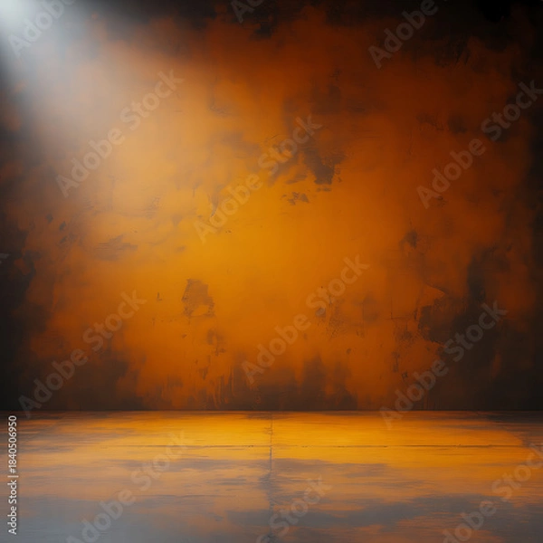 Obraz Dramatic Spotlight on Grungy Orange Wall and Reflective Floor