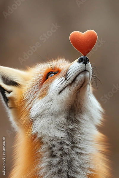 Fototapeta Red fox balancing a soft orange heart on its nose, symbolizing affection, love, romance, and friendship in a cute Valentine's Day or animal-themed concept
