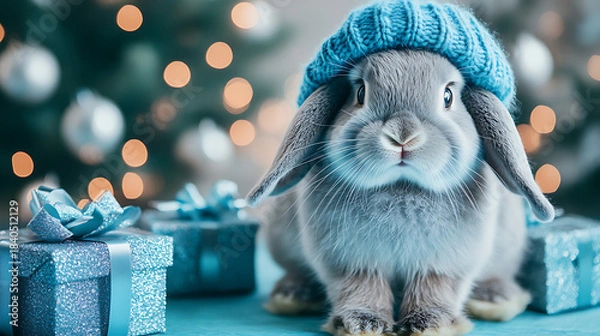 Fototapeta Cute rabbit wearing a blue knitted beanie hat, celebrating holidays with glittering gift boxes, Christmas tree lights and festive bokeh background, conveying winter warmth and joy