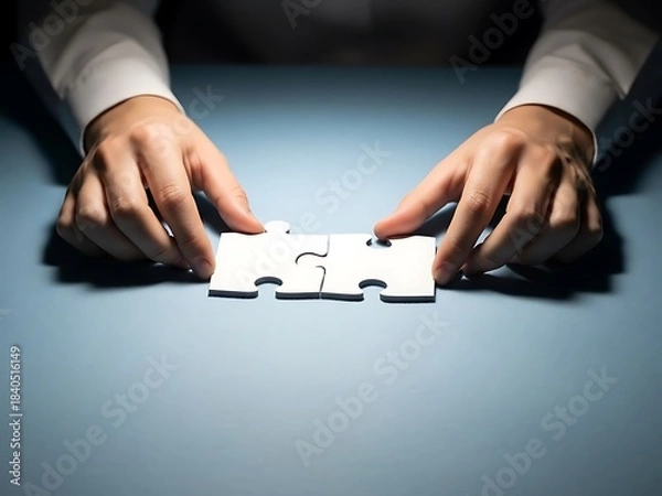 Fototapeta Hands connecting two white puzzle pieces on a blue surface