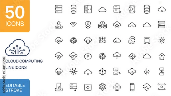 Obraz Editable stroke vector illustration 50 clean, minimalist cloud computing line icons for data, network, and technology solutions