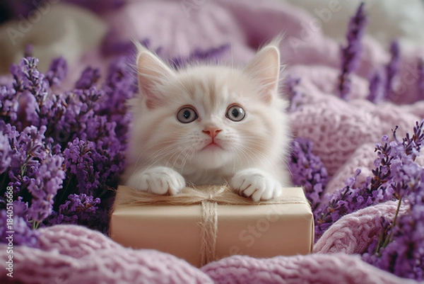 Fototapeta Fluffy kitten peeking from behind a small gift box, surrounded by cozy knitted lavender blanket and fresh lavender flowers, symbolizing innocence and warmth