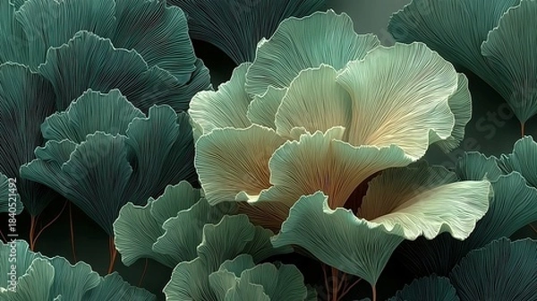 Fototapeta Elegant Ginkgo Leaves Line Art in Green Tones — Botanical Abstract Background