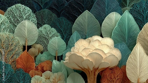 Fototapeta Elegant Ginkgo Leaves Line Art in Green Tones — Botanical Abstract Background