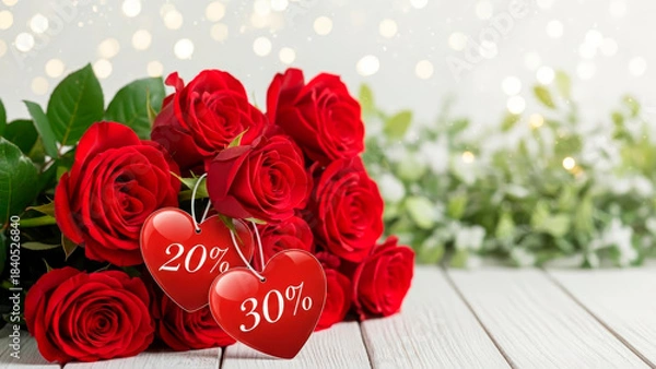 Obraz Bouquets of red roses are decorated with heart-shaped tags with twenty percent and thirty percent discounts. Discounts, sale in honor of Valentine's Day