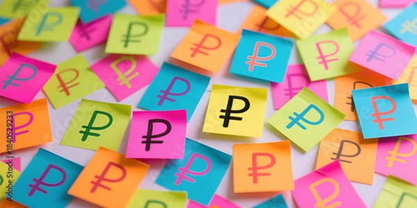 Fototapeta Sfondo con post-it colorati raffiguranti il simbolo della moneta della Federazione Russa, Rublo