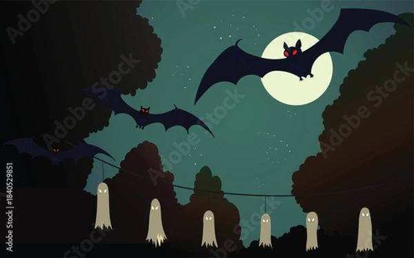 Obraz A night spooky  with ghosts and flying bats. Vector stock