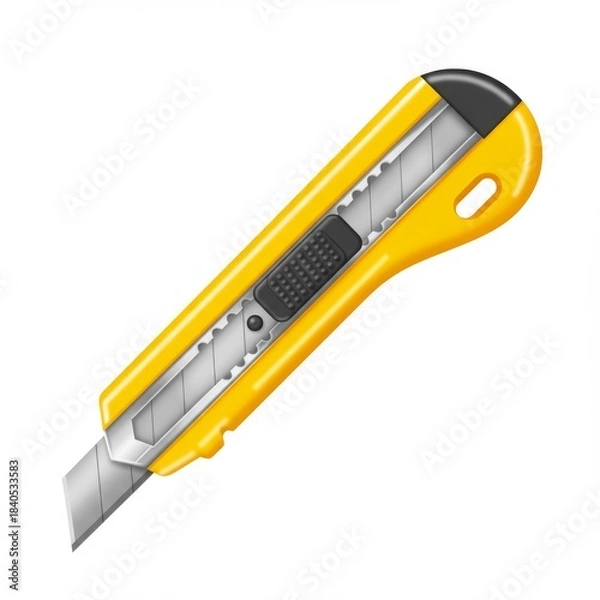 Obraz Yellow Utility Knife with Sharp Blade on White Background