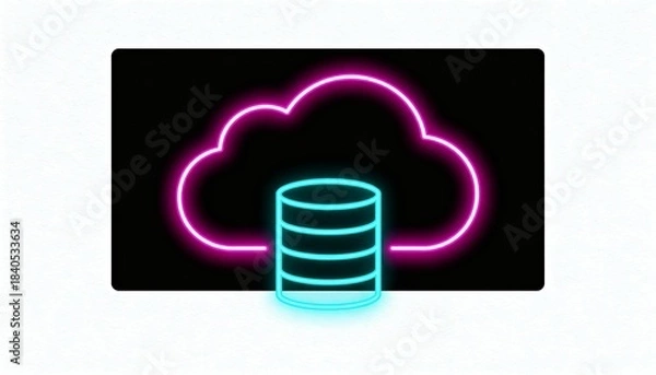 Fototapeta Minimal Cloud Computing and Data Storage Concept with Neon Cloud Icon on Dark Background