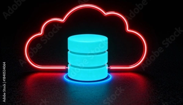 Fototapeta Minimal Cloud Computing and Data Storage Concept with Neon Cloud Icon on Dark Background