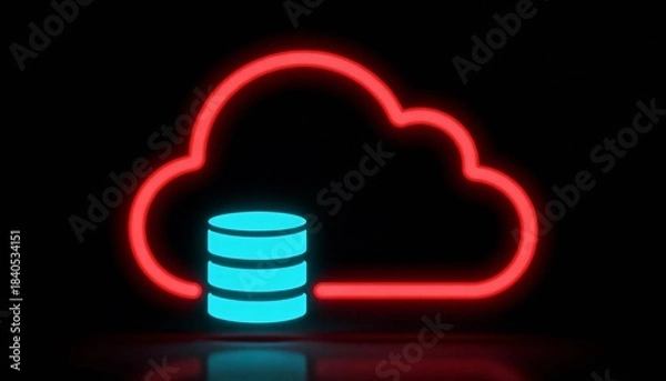 Fototapeta Minimal Cloud Computing and Data Storage Concept with Neon Cloud Icon on Dark Background