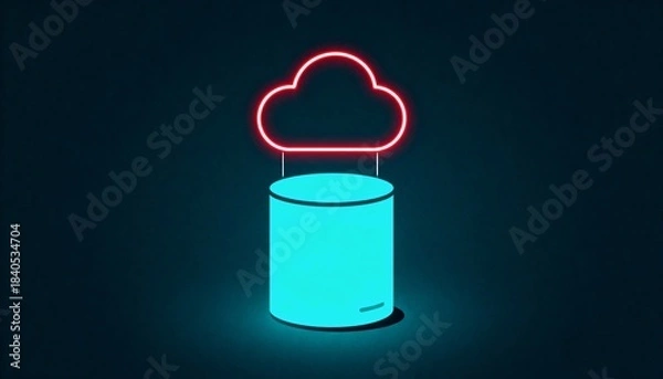 Fototapeta Minimal Cloud Computing and Data Storage Concept with Neon Cloud Icon on Dark Background
