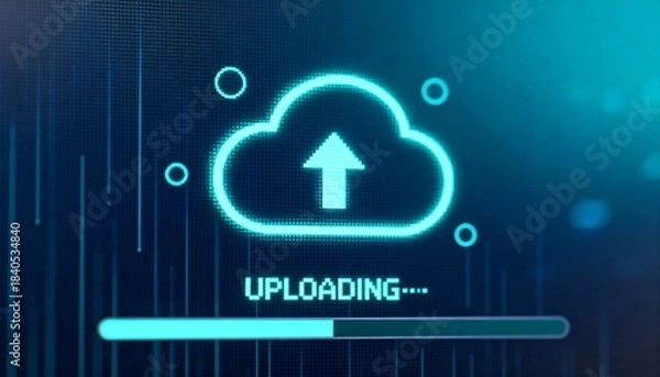 Fototapeta Hand Holding Glowing Cloud Computing Interface with Digital Network Icons, Data Storage and Technology Concept