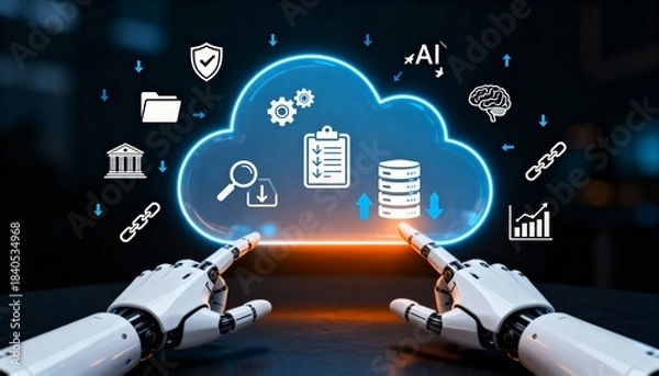 Fototapeta Hand Holding Glowing Cloud Computing Interface with Digital Network Icons, Data Storage and Technology Concept