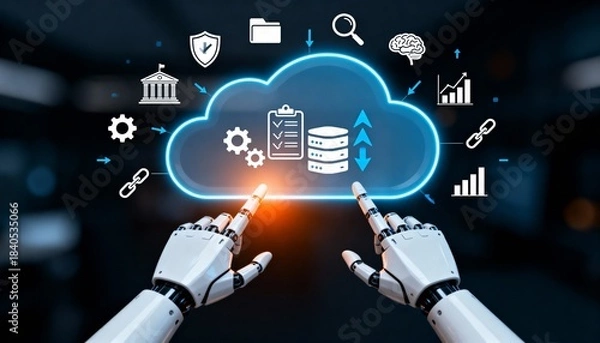 Fototapeta Hand Holding Glowing Cloud Computing Interface with Digital Network Icons, Data Storage and Technology Concept