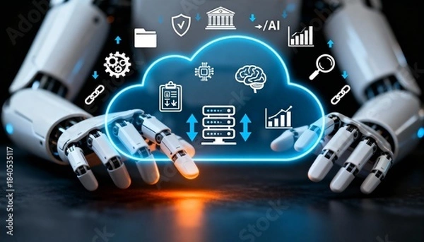 Fototapeta Hand Holding Glowing Cloud Computing Interface with Digital Network Icons, Data Storage and Technology Concept