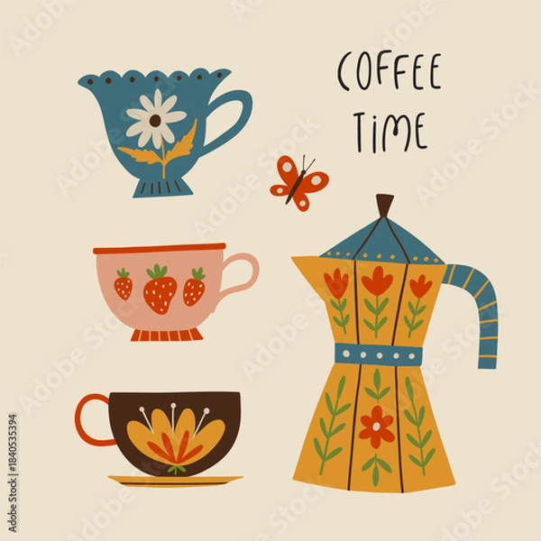 Obraz Warm folk style coffee time illustration set with cups, moka pot and small decorative elements. Isolated vector for stickers, materials, crafts, book design and creative projects.