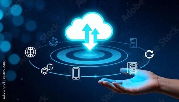 Fototapeta Hand Holding Glowing Cloud Computing Interface with Digital Network Icons, Data Storage and Technology Concept