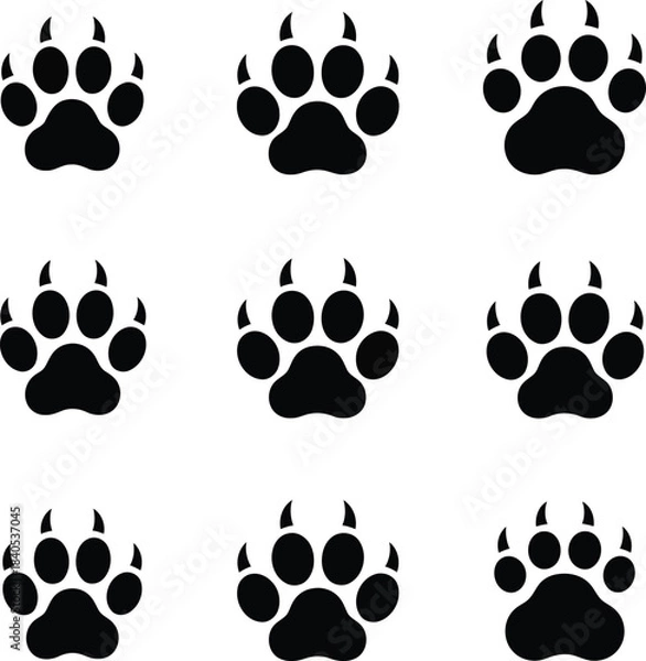 Obraz Nine black wolf paw prints on a white background