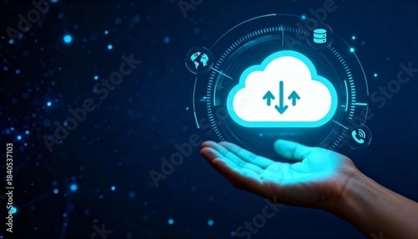 Fototapeta Hand Holding Glowing Cloud Computing Interface with Digital Network Icons, Data Storage and Technology Concept