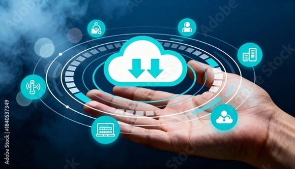 Fototapeta Hand Holding Glowing Cloud Computing Interface with Digital Network Icons, Data Storage and Technology Concept