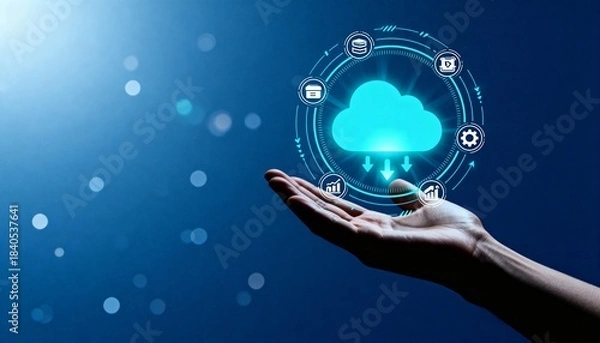 Fototapeta Hand Holding Glowing Cloud Computing Interface with Digital Network Icons, Data Storage and Technology Concept