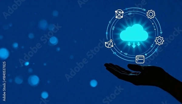 Fototapeta Hand Holding Glowing Cloud Computing Interface with Digital Network Icons, Data Storage and Technology Concept