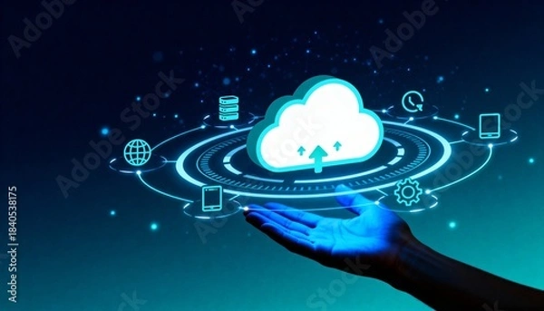 Fototapeta Hand Holding Glowing Cloud Computing Interface with Digital Network Icons, Data Storage and Technology Concept