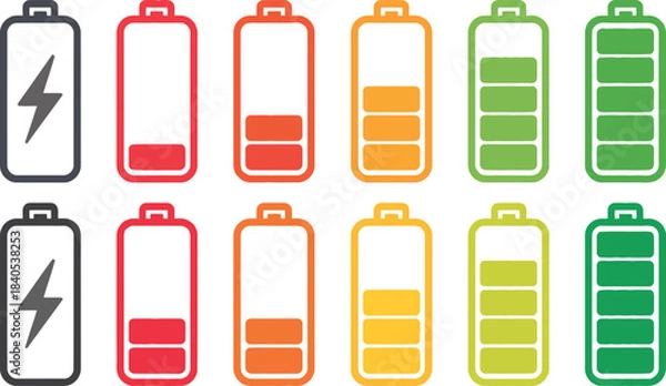 Obraz Set of battery charge level indicators in different colors and states