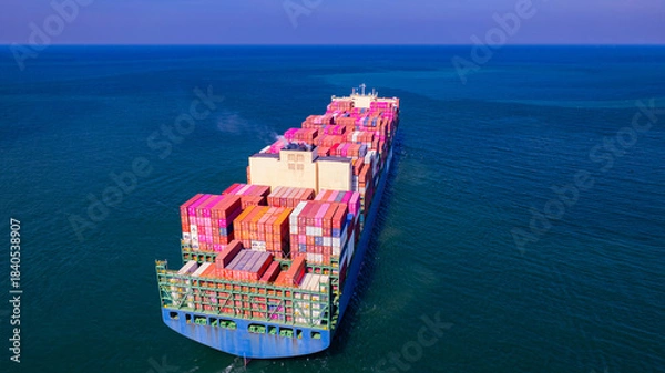 Fototapeta A container ship, fully loaded with goods, sails out to sea, delivering products to various locations around the world.