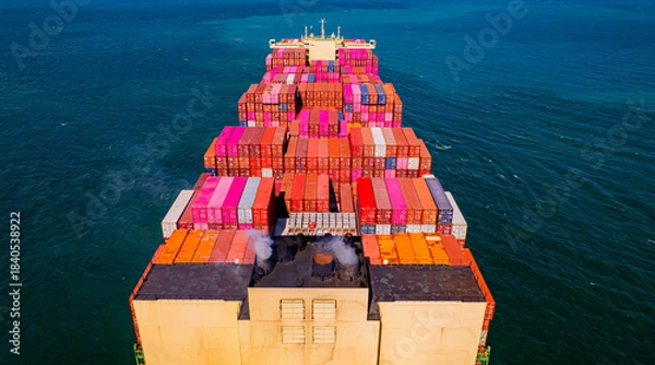 Fototapeta A container ship, fully loaded with goods, sails out to sea, delivering products to various locations around the world.