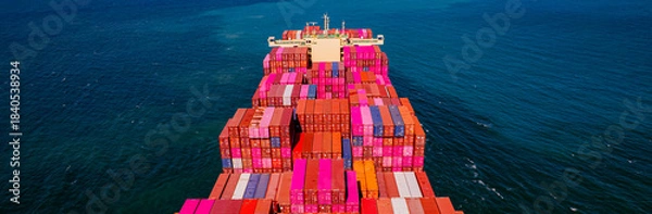 Fototapeta A container ship, fully loaded with goods, sails out to sea, delivering products to various locations around the world.