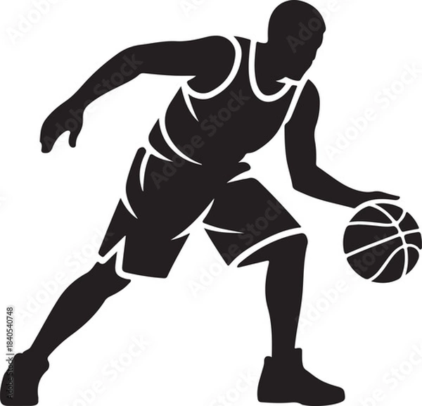 Fototapeta Basketball player silhouette dribbling ball in energetic motion during intense game