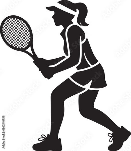 Fototapeta Female tennis player silhouette striking ball with racket in dynamic athletic pose