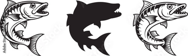 Fototapeta Set of three jumping fish in different styles black