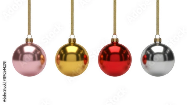Obraz Four metallic egg shaped christmas ornaments hanging against transparent background