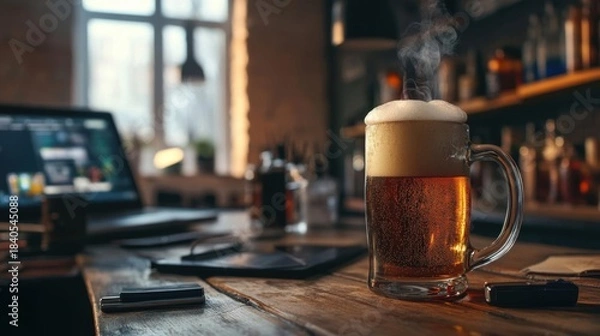 Fototapeta Mug of beer on a wooden table in a pub or restaurant.