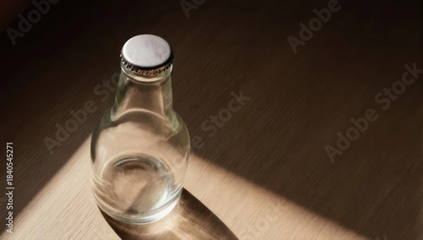Fototapeta Empty, clear glass bottle with a white cap casting a shadow on a textured, brown wooden surface